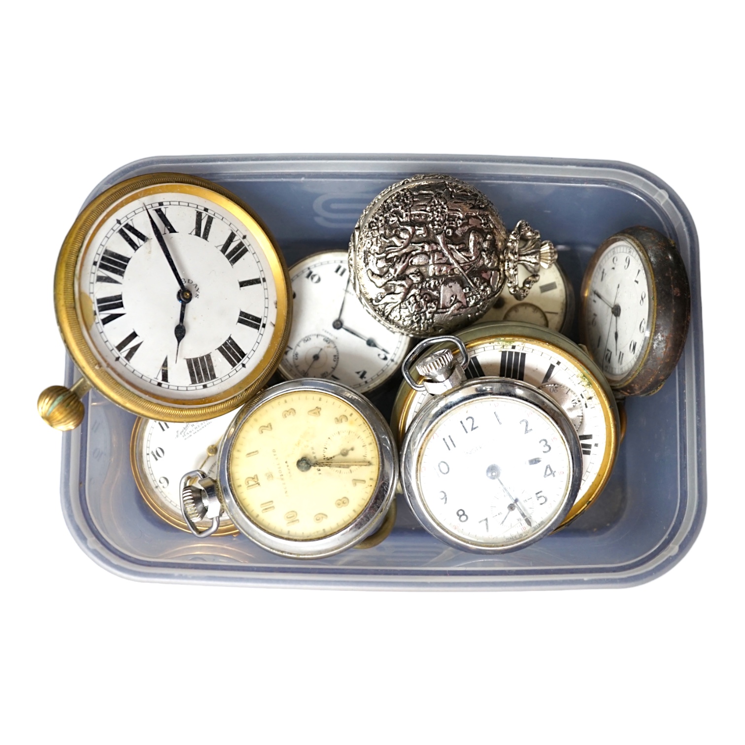 A collection of nine assorted pocket watches including a silver open face watch and a gold plated watch by Samuel. Condition - poor